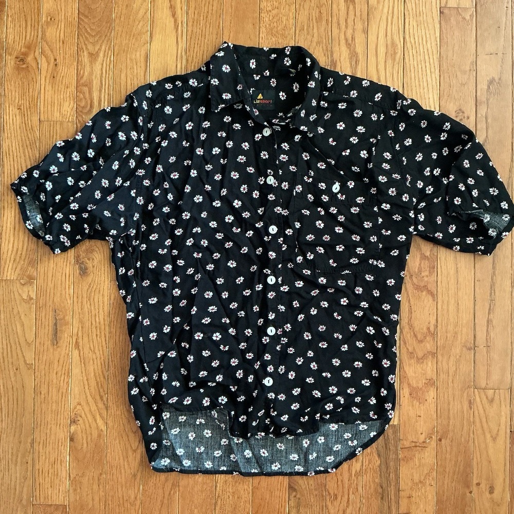 Vintage Liz Sport Women's Small Button Up Shirt Black White Red Floral